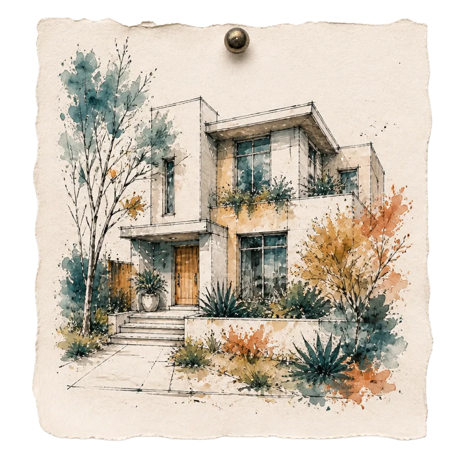 Tusche-Aquarell-Karte: moderne Hausfassade mit Gartenbäumen