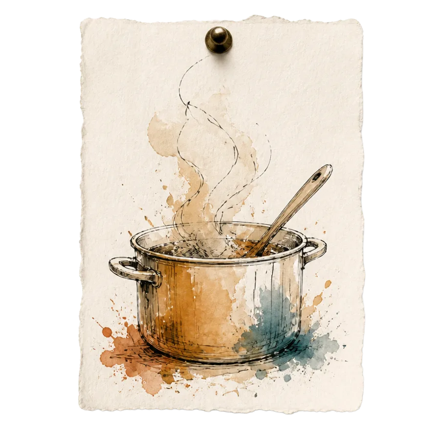 Tusche-Aquarell-Karte: Kochtopf mit Dampf und Holzlöffel